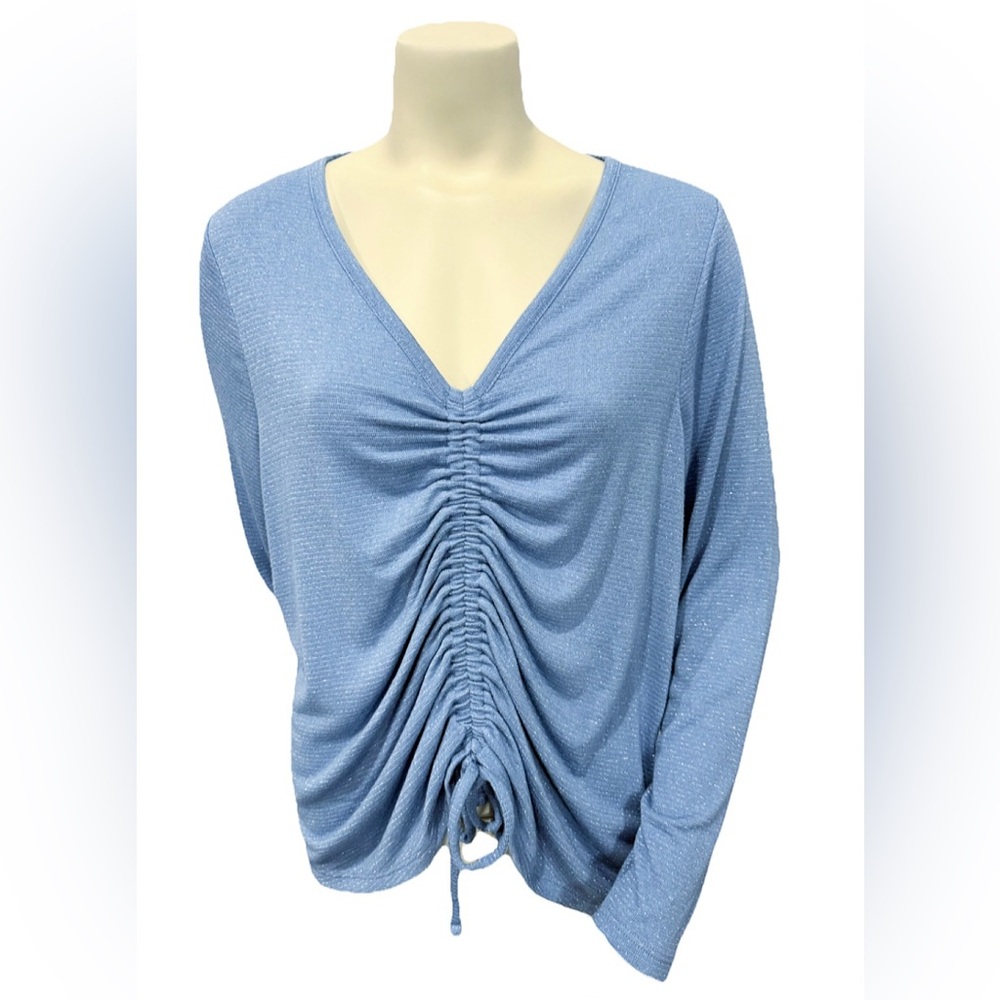 Lane Bryant 18/20 Blue Metallic Shimmer Ruched Front Long Sleeve Top 1X NWT